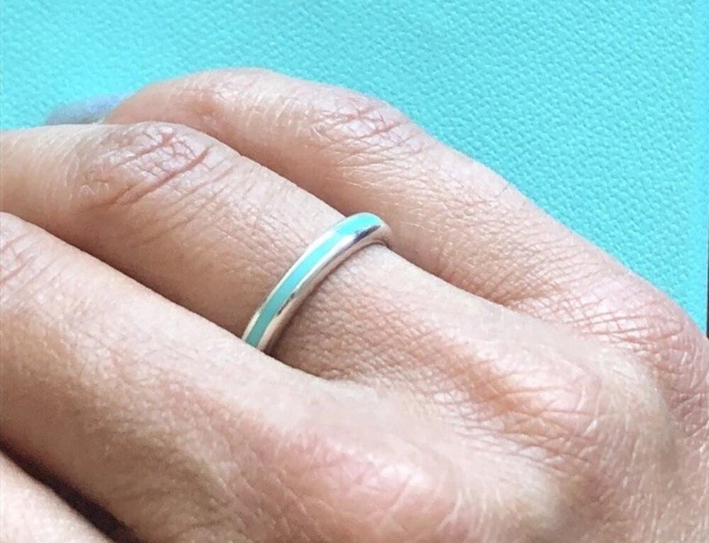 Retired Tiffany & Co. Blue Enamel Sterling Silver Narrow Stripe Band Ring Size 8